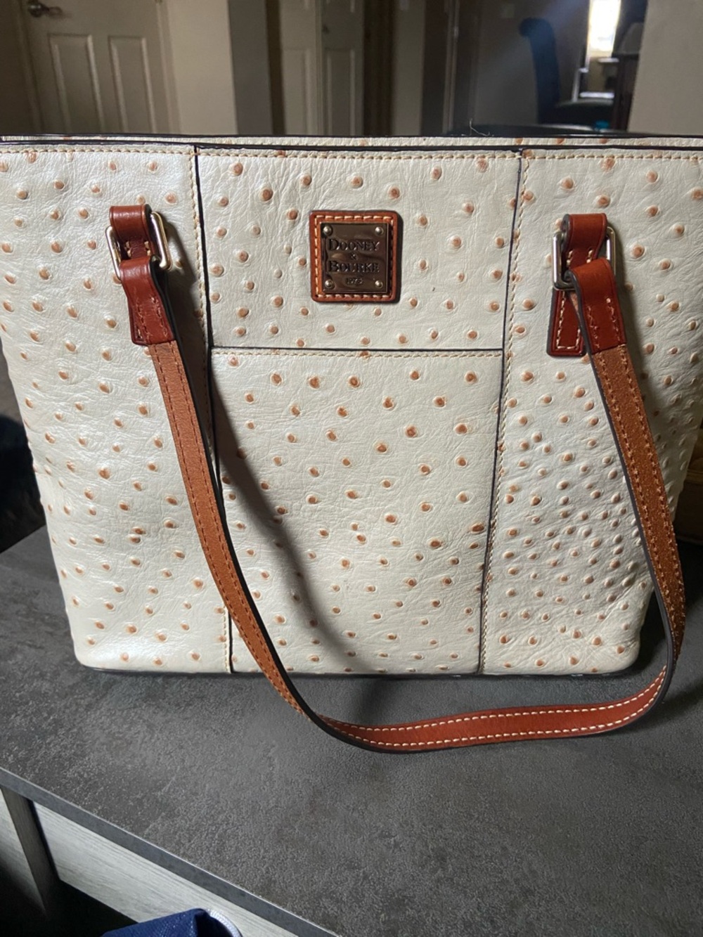 Dooney & Bourke Cream Ostrich-Embossed  Lexington Tote Leather Purse